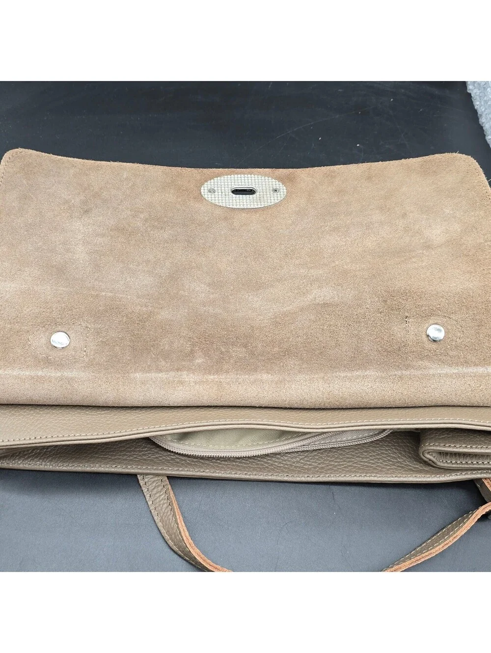LOOWIE Italian Leather Satchel Bag Taupe Beige Pebbled Leather Crossbody Flap
